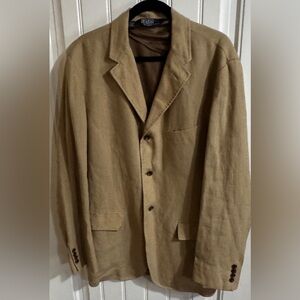 Polo Ralph Lauren 100% Linen Blazer Tan 3 Button Unstructured Jacket L Tall